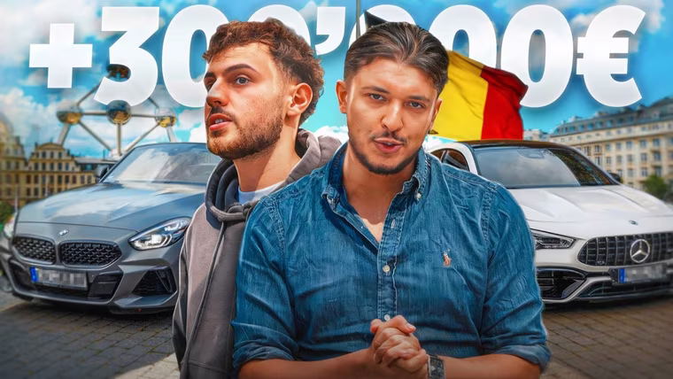 Miniature YouTube avec un gros chiffre en euros et deux créateurs devant des voitures